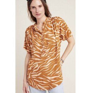Maeve Anthropologie Tiger Print Short Sleeve Split Neck Henley Blouse Top 4364